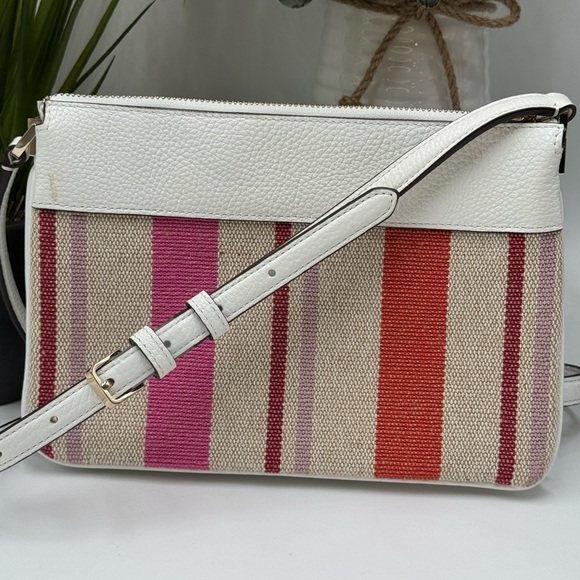 Kate Spade Leila Striped Canvas Triple Gusset Crossbody bag pebbled leather trim - Picture 3 of 10